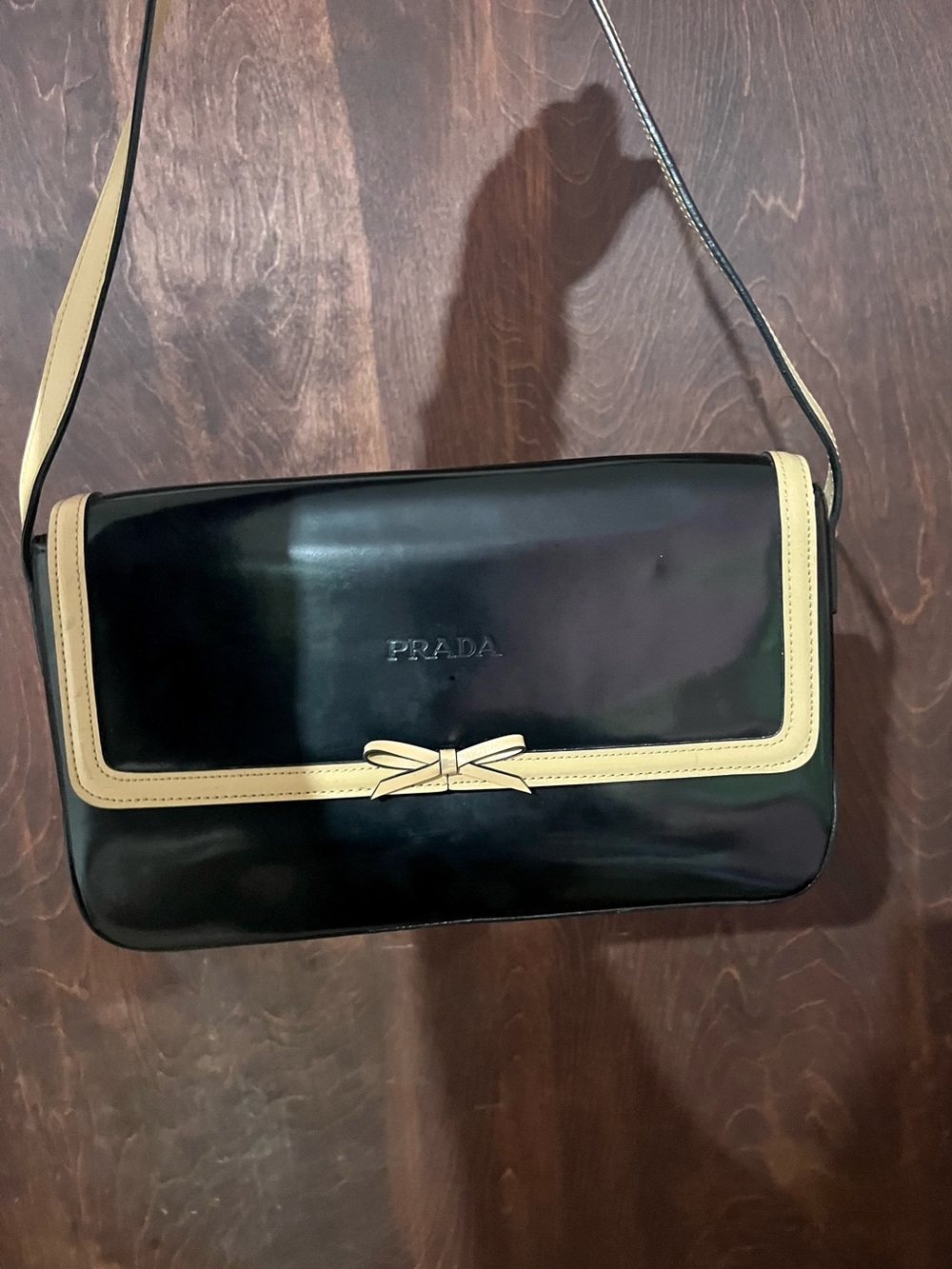 Designer Inspired Black Cream Bow Glossy Shoulder Bag Y2K Style